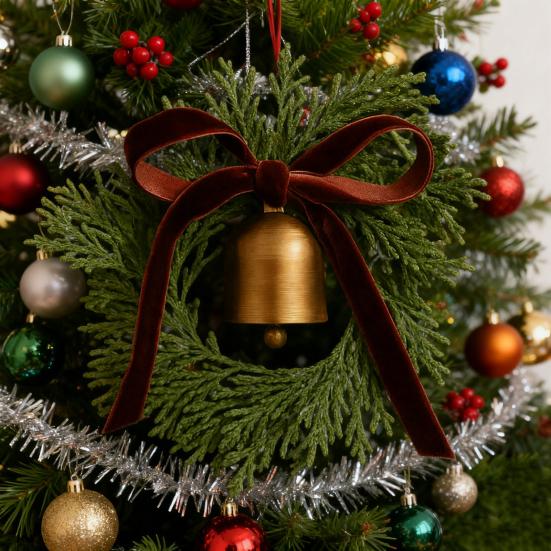 Mini Christmas Cedar Wreath Small Artificial Xmas Wreath with Bell And Ribbon Bow for Christmas Tree Mantle Window Fireplace Kitchen Decoration