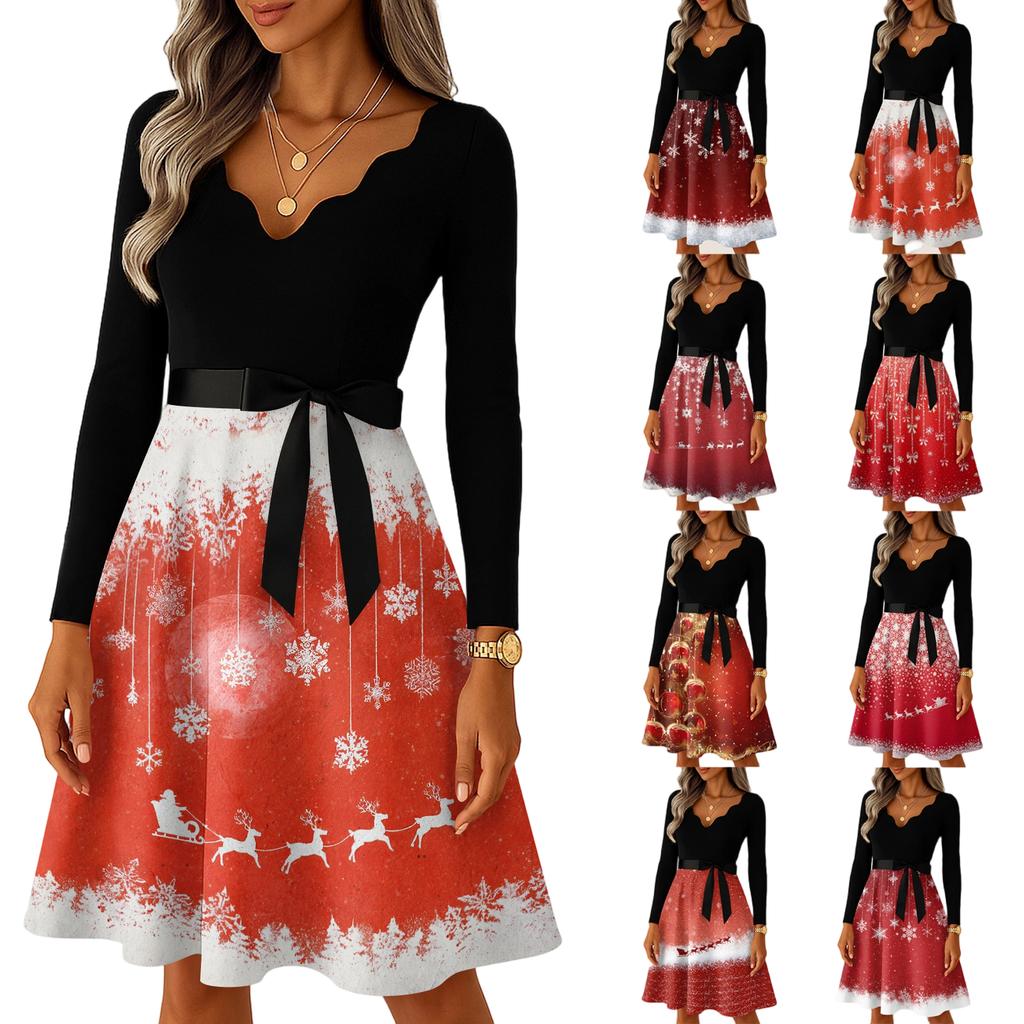 Abiti Lunghi Vintage Casual da Donna alla Moda a Maniche Lunghe con Stampa Grafica Natalizia