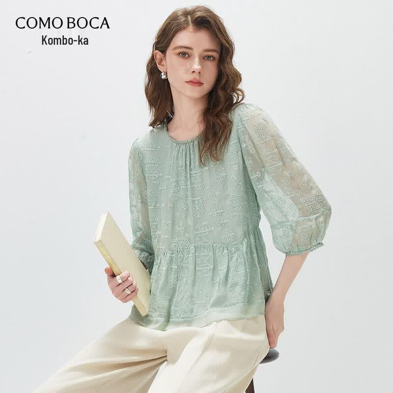 Komom Boka 2026 Spring/Summer Mulberry Silk Embroidered 3/4 Sleeve Top L