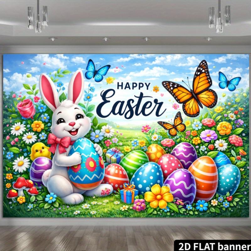 1Pcs Happy Easter Bunny Colored Eggs Flowers Decoration Background Easter Backdrop Decorations For Photo Studio Booth Party