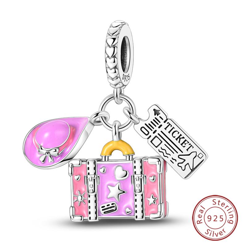 Fit 925 Silver Charms Beads Little Bear Lamb Little Flying Pig Pink Charms For Women DIY Birthday Jewelry Gift