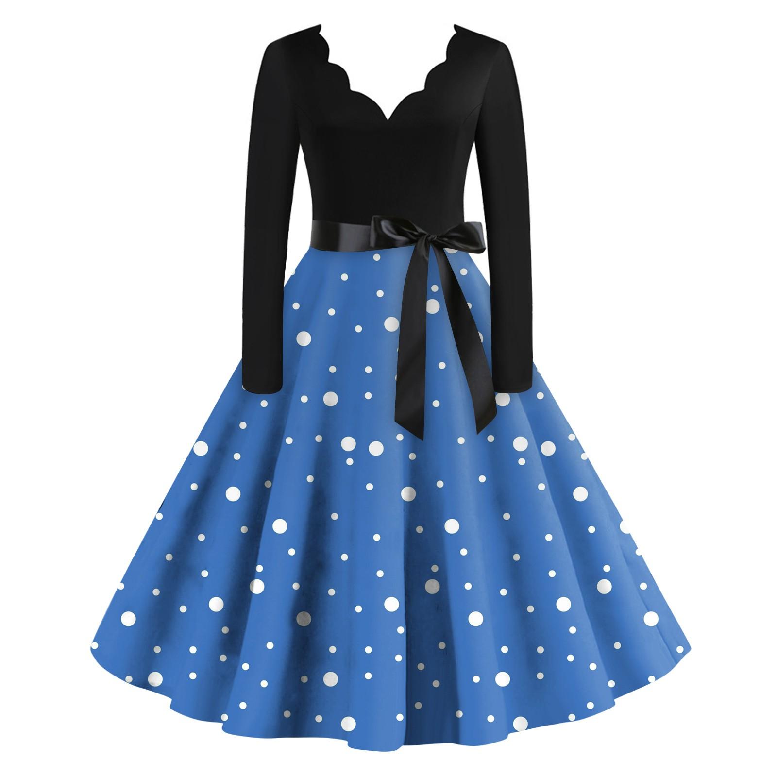 

Женское повседневное модное платье с V-образным вырезом и длинными рукавами в стиле ретро с принтом в горошек XXXXL синий