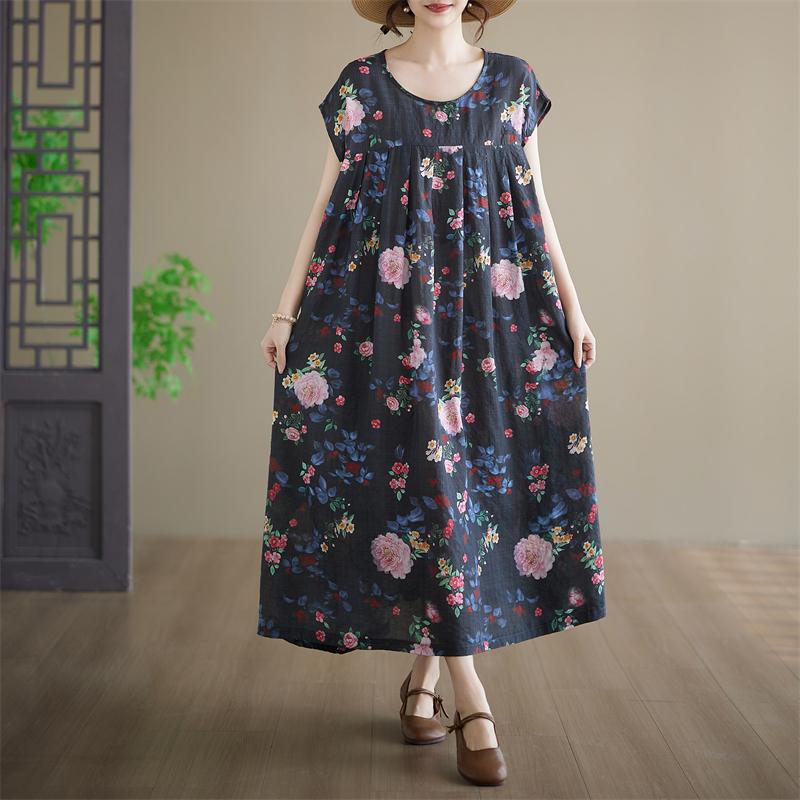 DIMANAF New 2026 Summer Beach Women Plus Size Cotton Vintage Lady Loose Oversize Long Dress Floral Print