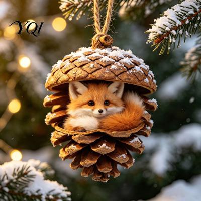 Holiday Party Decor Forest Animal Acorn Ornaments, Cozy Woodland Christmas 2D Acrylic Realistic Keepsake Ornaments Pine Cone Pendant for Xmas