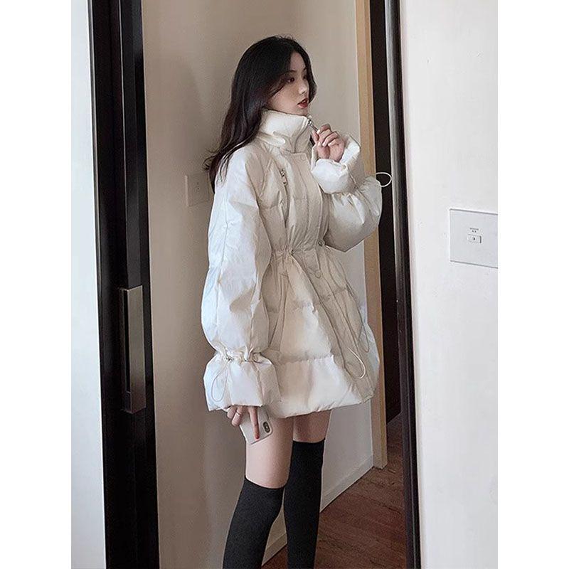 2024 Women's Mid-Length Down Cotton Coat - Hong Kong Style, High-End Niche, Drawstring Waist Winter Jacket
