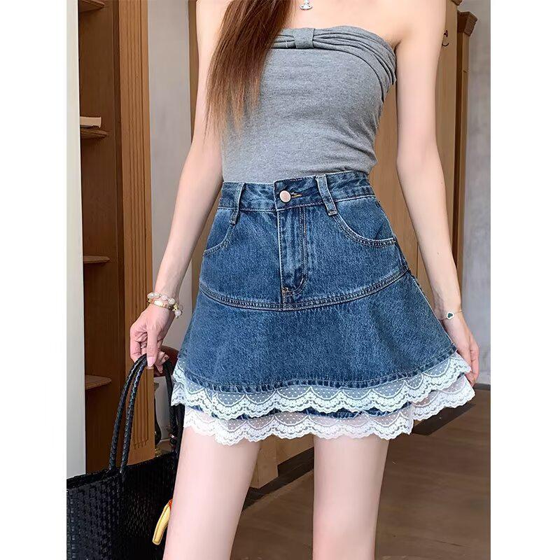 Women's High-Waisted Lace Patchwork Denim A-Line Mini Skirt - 2025 Summer Slimming Layered Design