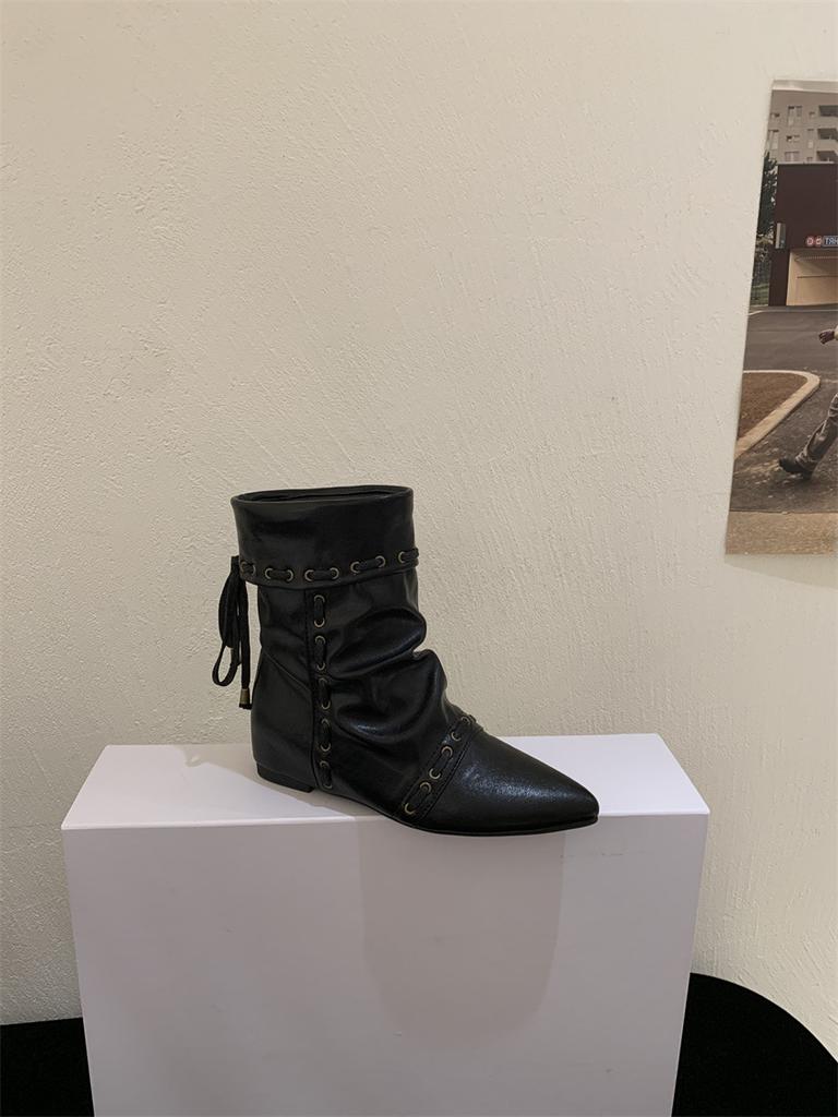 Inner heightening retro suede pile western cowboy short boots women's boots new spring and autumn pointed thin boots