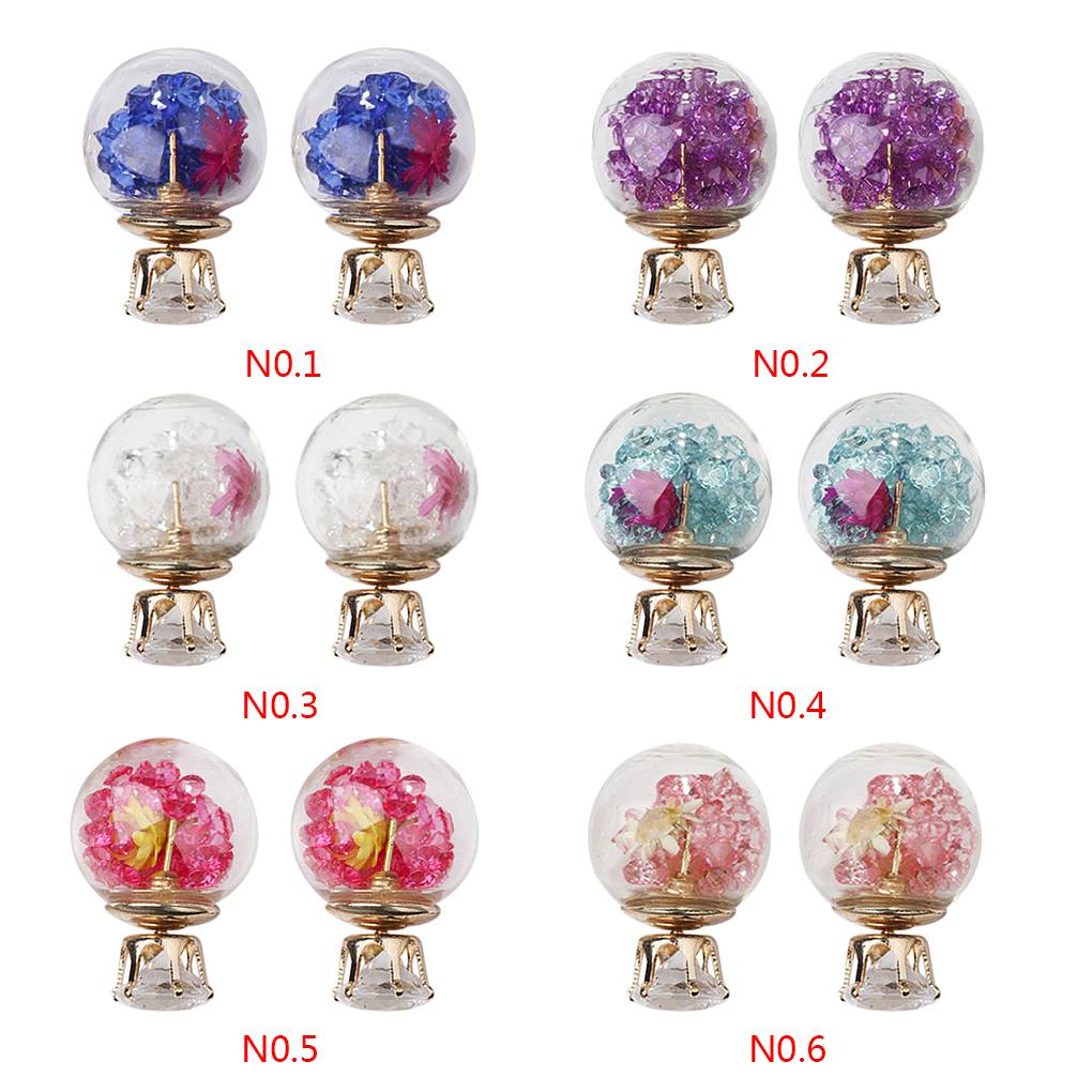 Women Girls Double Side Dry Flower Rhinestone Glass Stud Earrings Crystal Ball Ear Pin Jewelry Accessories