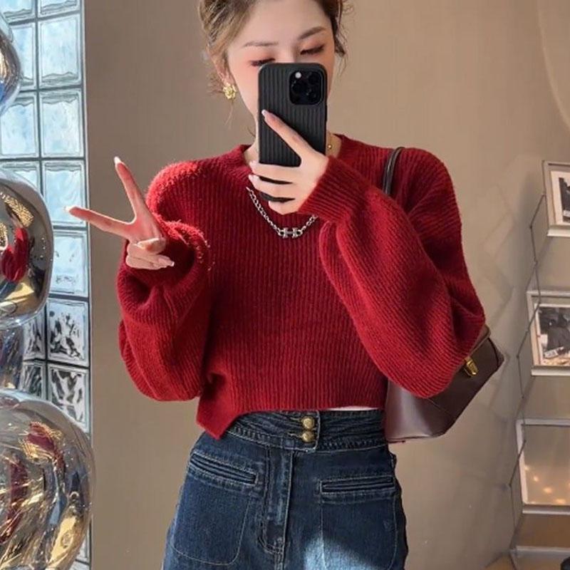 Långärmad oregelbunden stickad tröja dam höst 2023 lös o-ringad solid unik kort vår- och hösttröja dam