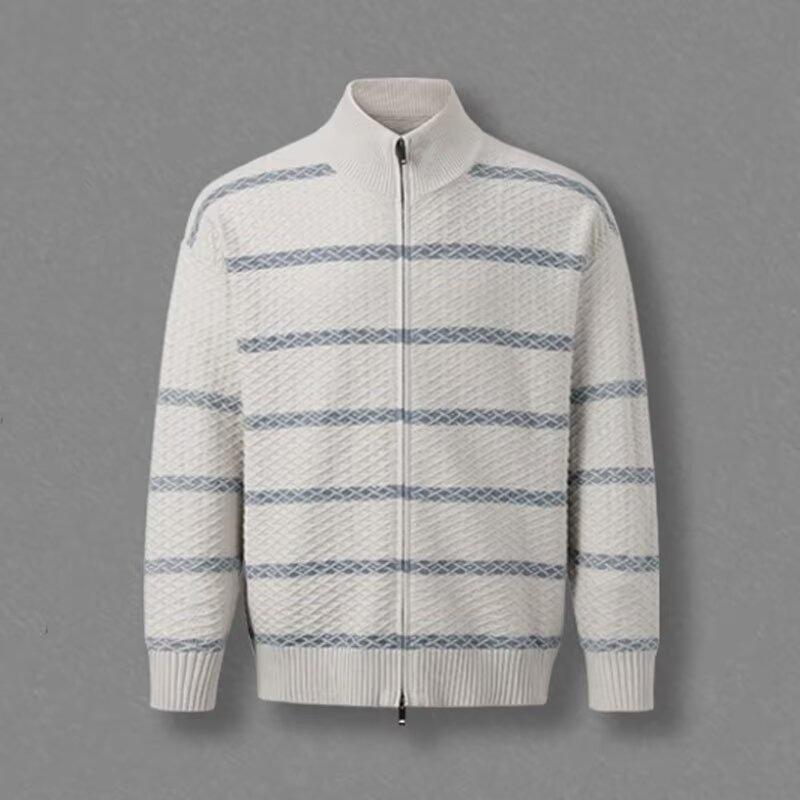 

Retro Jacquard Striped Knit Cardigan with Zipper & Long Sleeves M сірий колір/білий