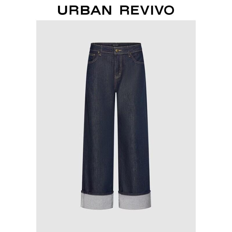 UR2026 Women s Retro Contrast Fold-Over Wide-Leg Denim Jeans 29