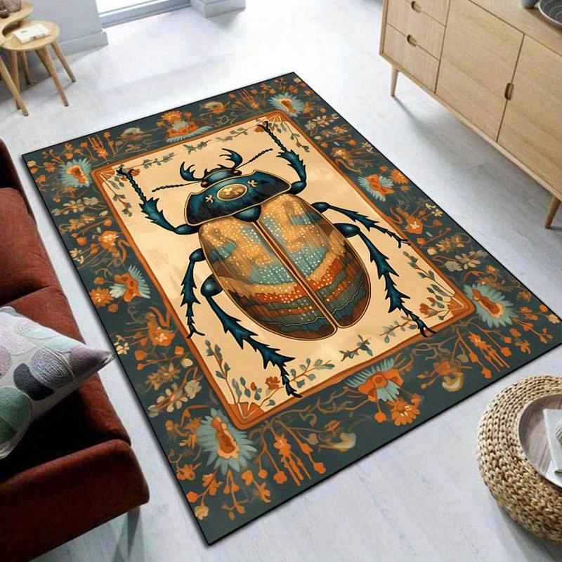 Vintage Beetle Design Rug for Boho Interiors | Floral Patterned Area Rugs | Unique Living Room Decor Skid resistant carpet