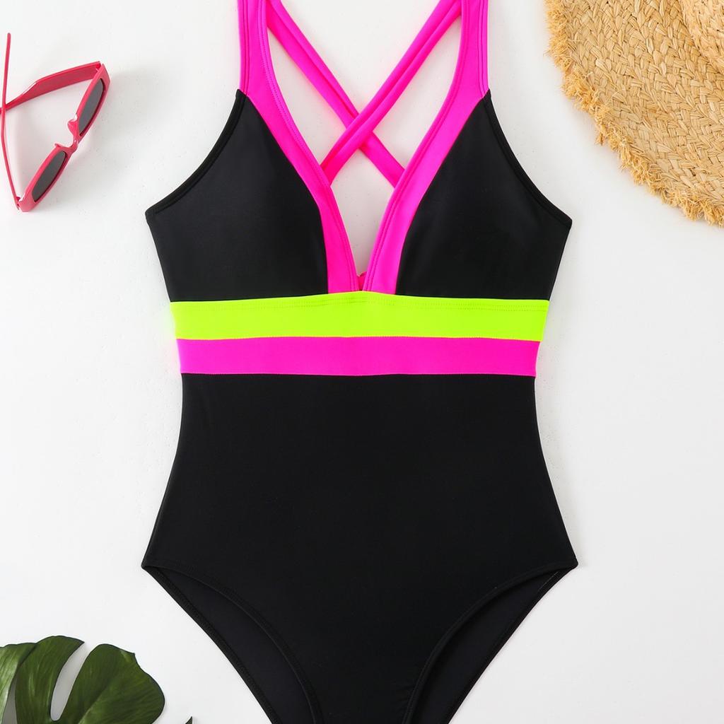 Costume da bagno intero a vita alta con scollo a V e laccetto al collo per donna