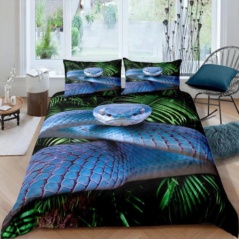 Snake Duvet Cover Set 3D Python Palm Leaf Bedding Set King Size Reptile Tropical Theme Quilt Cover For Kids Boys Girls Teens