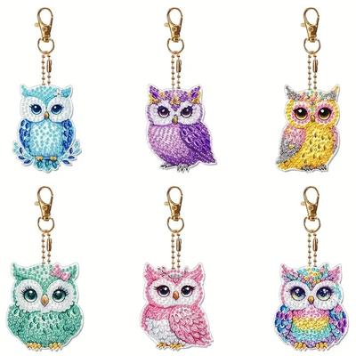 6Pcs/SetDIY Diamond Painting Keychain - Animal Owl Pattern, DIY Decoration, Diamond Kit Craft Supplies, Handmade Mosaic Painting
