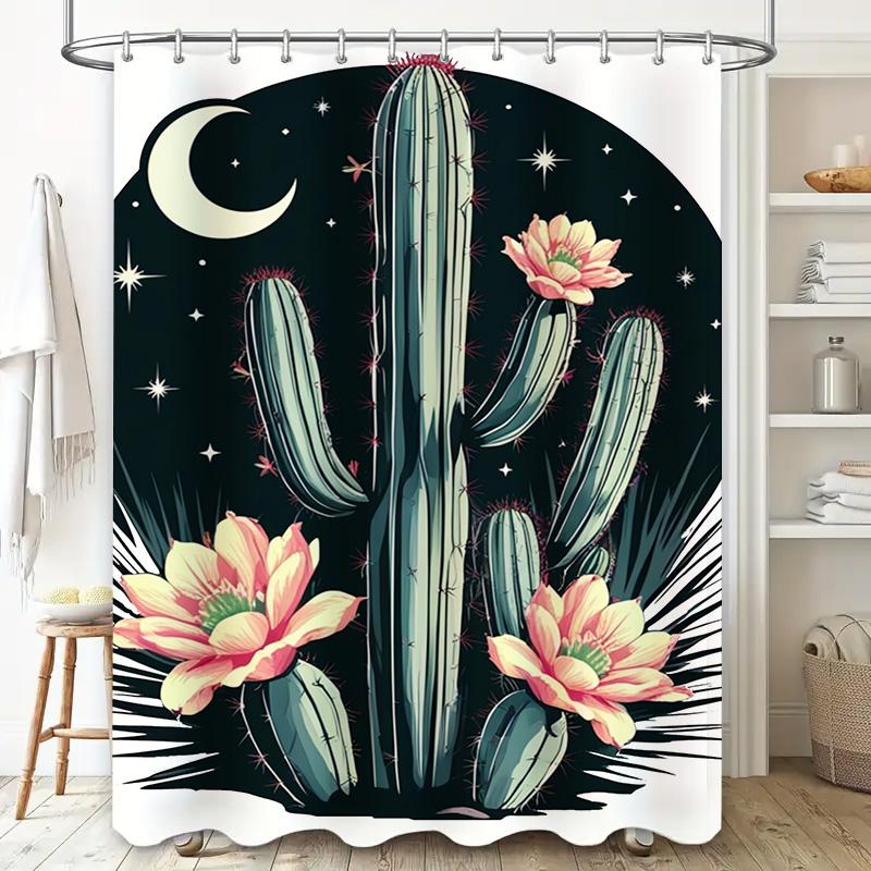 Retro Cactus Shower Curtain Bathroom Decor Night Sky Moon Flowers Print Waterproof Washable Home Decoration Pink Red Yellow 170x