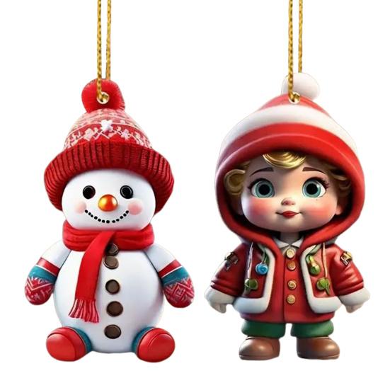 2 Pcs Christmas Ornaments Cartoon Snowman Santa Claus Acrylic Pendant Xmas Tree Hanging Decoration for Holiday Party Decor Car Accessories