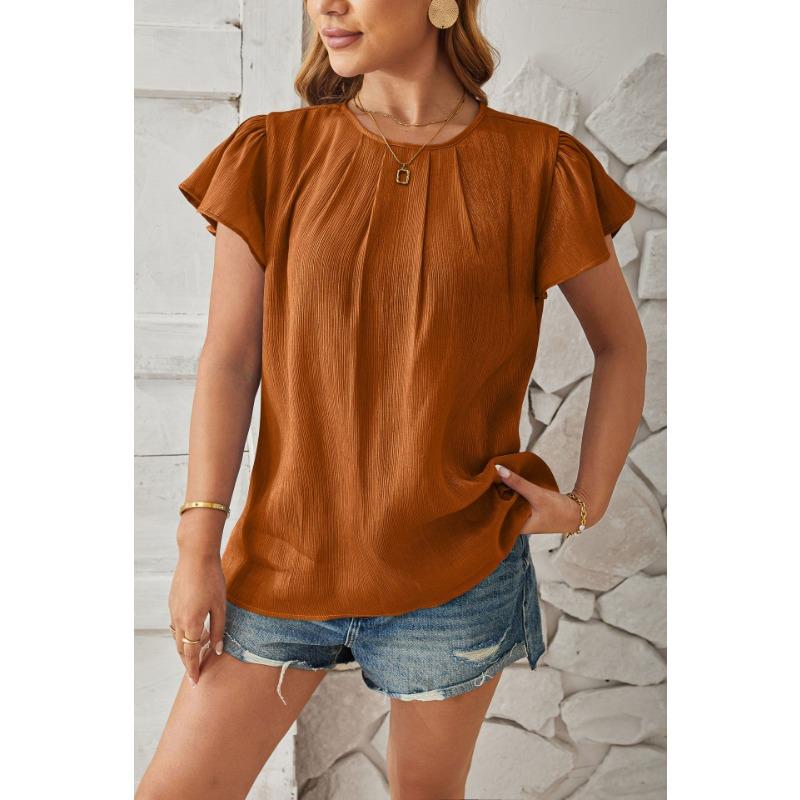 Summer New Round Neck Fashion Casual Women Blouse Short Sleeve Office Simple Office Tops Ladies Fashion Elegant Solid Color Loose Petal Sleeves Shirt