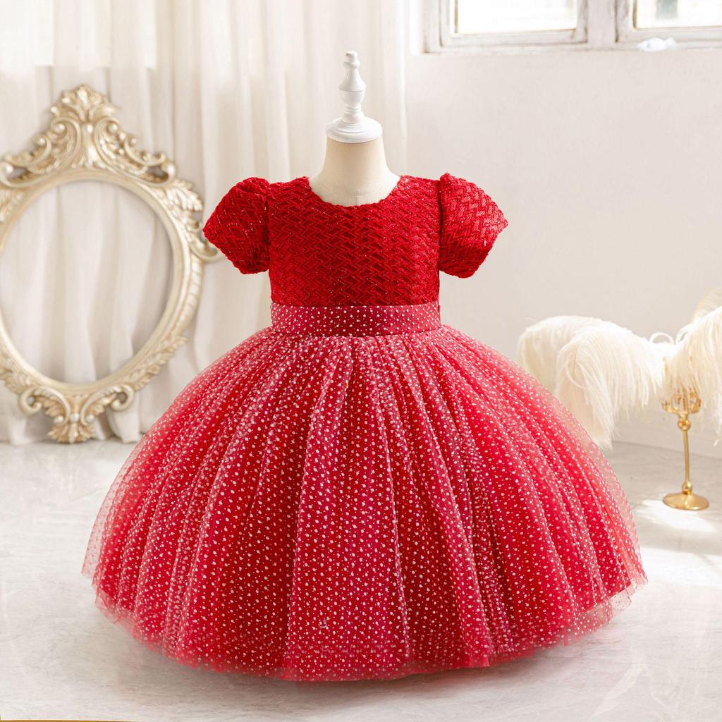 Sequin Puffy Princess Dress for Girls - Evening & Catwalk Performance Attire with Bubble Sleeves