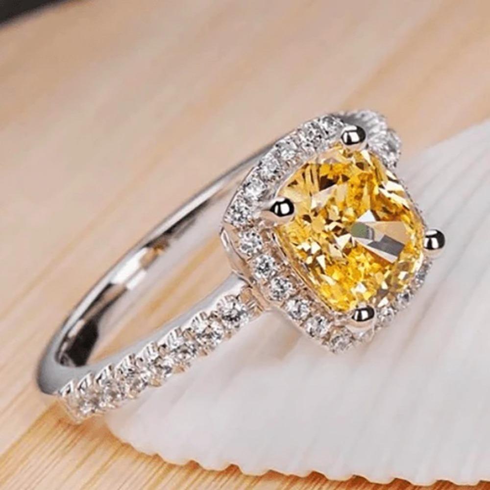 Exquisite Luxury Micro-inlay Zircon Square Four Claw Yellow Crystal Stainless Steel Rings for Women Bride Wedding Charm Jewelry