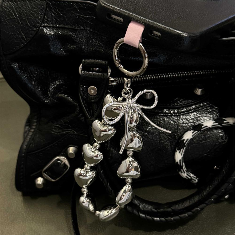 

Plating Silver Heart Bowknot Pendant Strap For iPhone Bag Key Accessories Girl Phone Chain Keyring Bracelet Hanging Cord