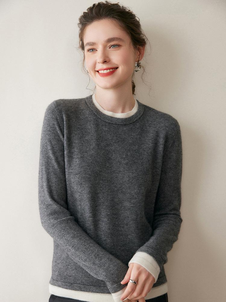 Soft & Glutinous Faux Two-Piece Cashmere Knit Sweater - Women's 2025 Autumn/Winter Round Neck Pullover