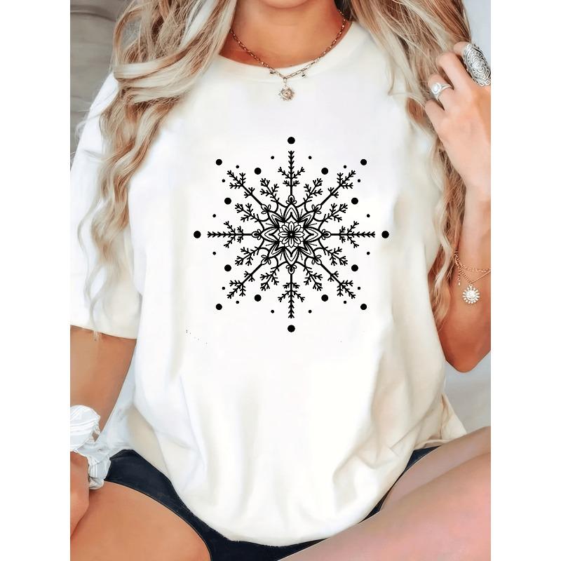 Plus Size, Women s Plus Size Heavyweight T-Shirt - Oversized Round Neck Basic Tee with Snowflake Geometric Print, S белый