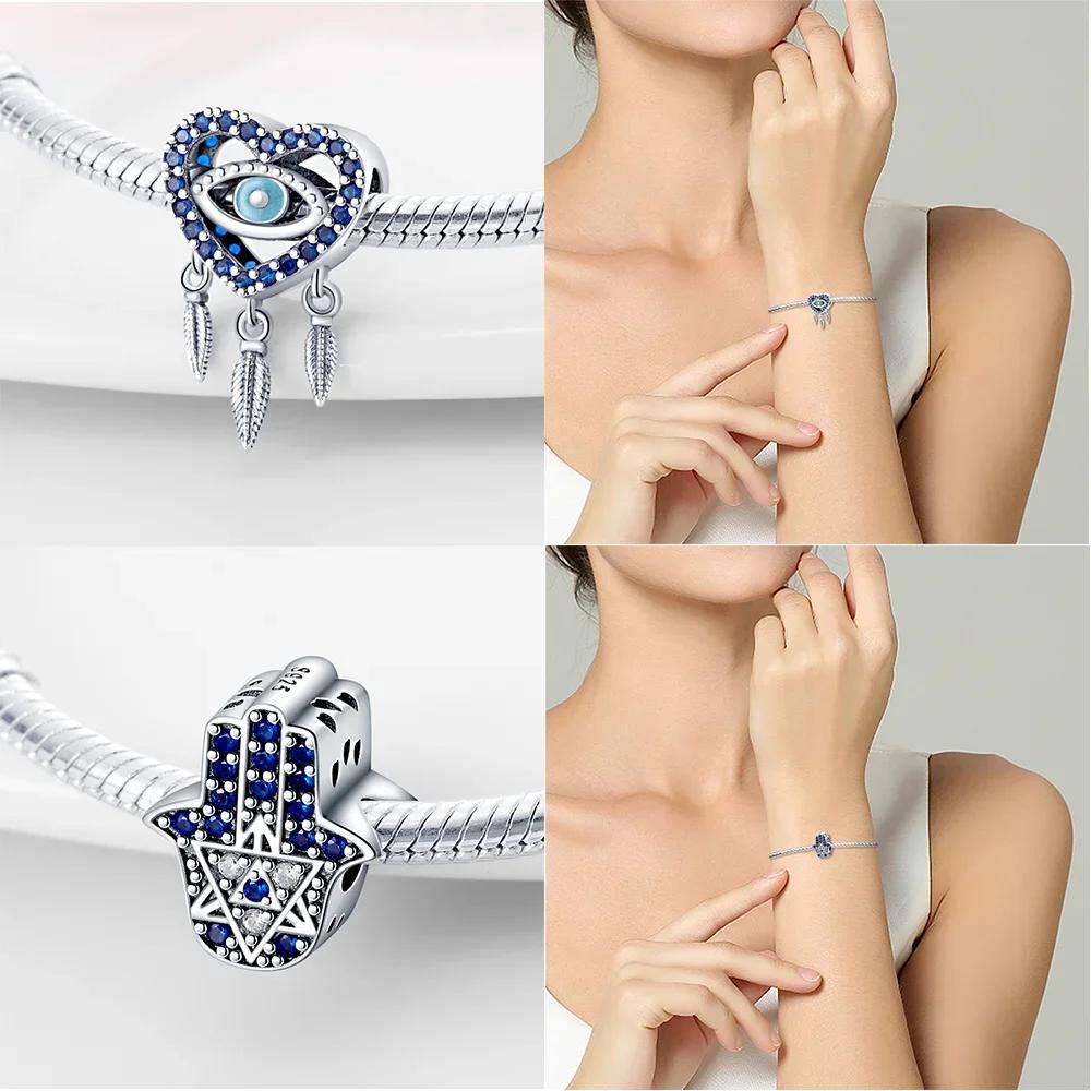 Original 925 Silver Blue Heart Demon Eye Pendant Fatima Hand Charm Bead Bracelet Women Jewelry Religion Gift