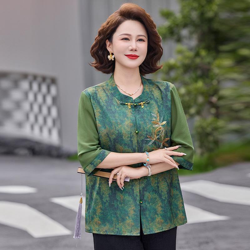 Chinese Style Printed Summer Shirt for Middle-aged & Elderly Women - Slimming Mid-Sleeve Top