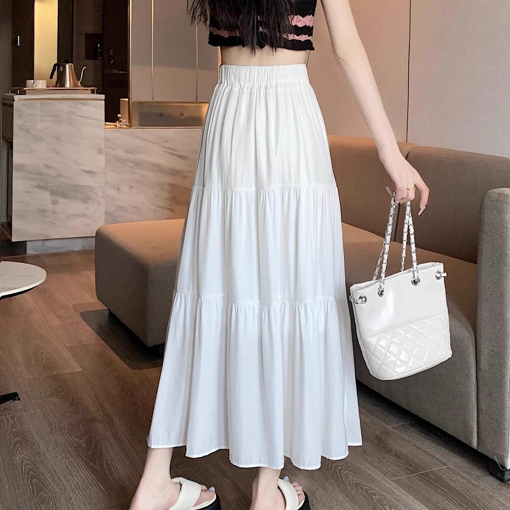Black High-waisted A-line Mid Skirt Women's Spring Autumn Elegant White Long Pleated Skirts