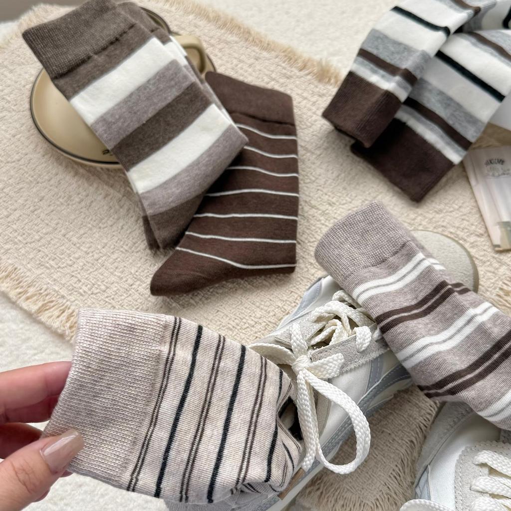 Coffee Striped Socks, Children'S Atmosphere, Wearing Cotton Socks, Versatile Socks, Trendy With Birkenstocks