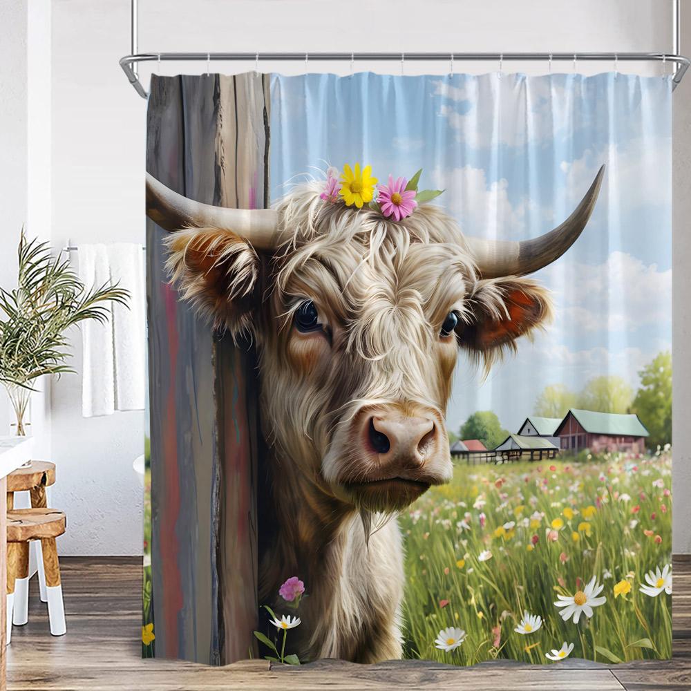 Highland Cow Farmland Shower Curtains Countryside Scenery Funny Animals Bathroom Decorations Grassland Polyester Bath Curtain