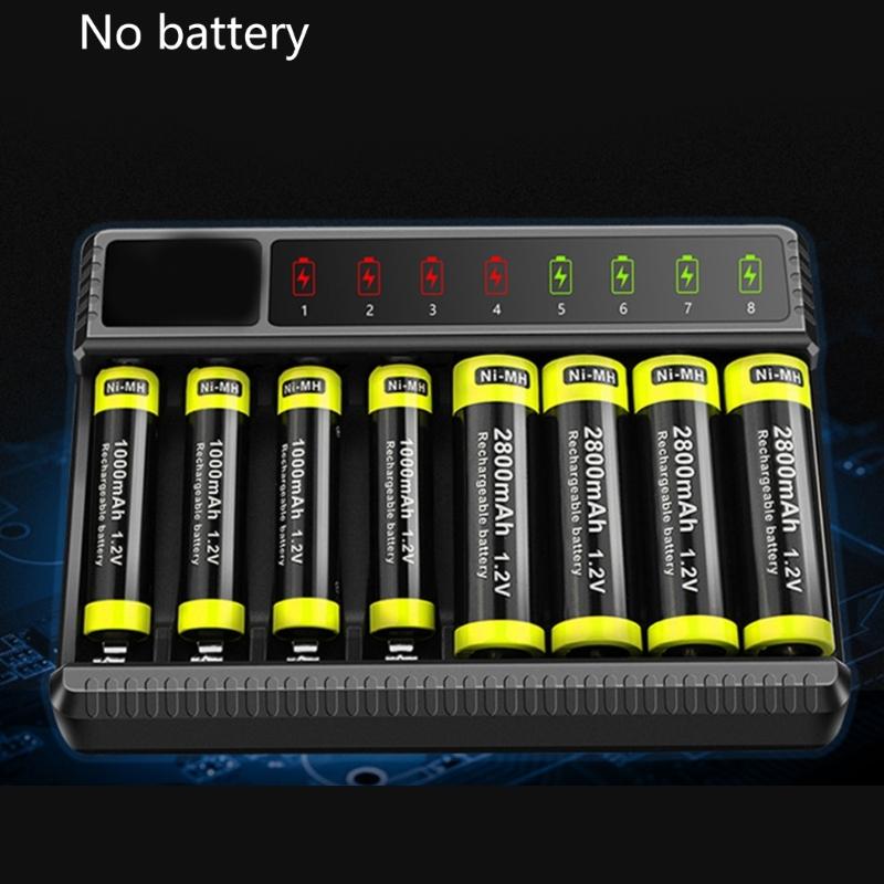 8 Bay AA AAA Battery Charger LCD USB C High-Speed Charging Independent Slot for NiMH NiCD Rechargeable Batteries