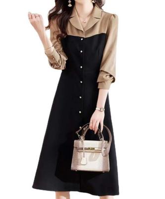 Elixio Long Sleeve Fall Dress with Elegant Midi Below the Perfect for Office or Dates Women's Collar, Length, Knee, A-Line, Waistband, Two-Tone,