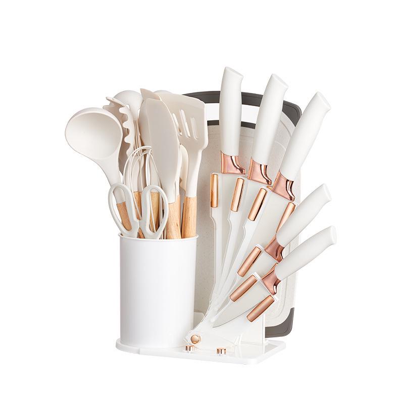19-Piece Wooden Handle Silicone Kitchen Utensil Set with Spatulas, Spoons, Storage Bucket, and Knife Set