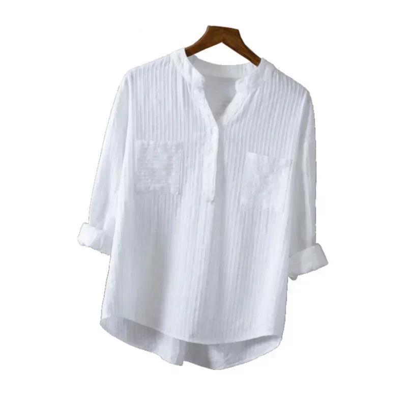 Plus Size Shirts Women s Cotton Tops Office Long Sleeve Korean Loose Casual Vertical V-neck Shirts Top XS белый