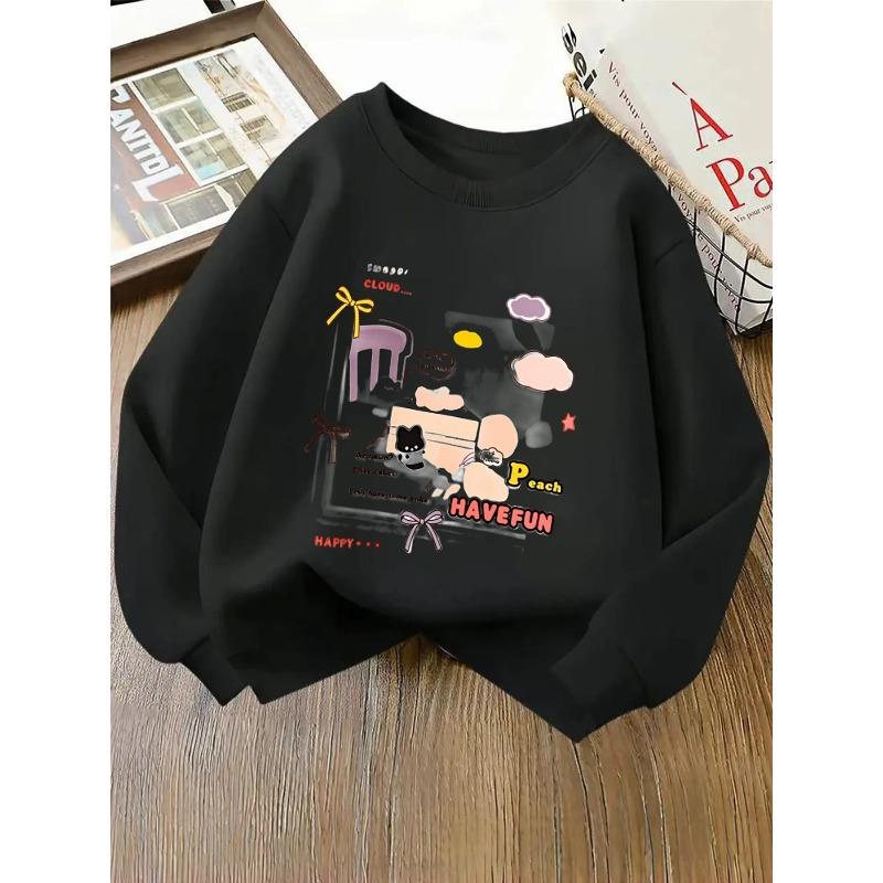 European sizes Kids' Crew Neck Sweatshirt - Cloud Peach Cake Joyful Fun Cat, Athletic And Casual Attire, Soft And Cozy, Easy Maintenance