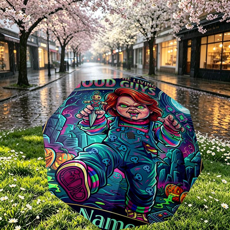 Custom Name Personalized Horror Theme Chucky Print Umbrella, Auto Open Close, 8‑Rib Sturdy Frame, Commute Camping Hiking Use, Birthday Gift