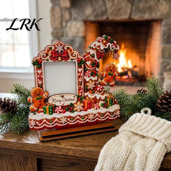 Seasonal Home Decor Christmas Wooden Photo Frame, 2D Picture Holder with Santa Snowman & Holiday Storage Snowflake Pendant, Family Display Frame