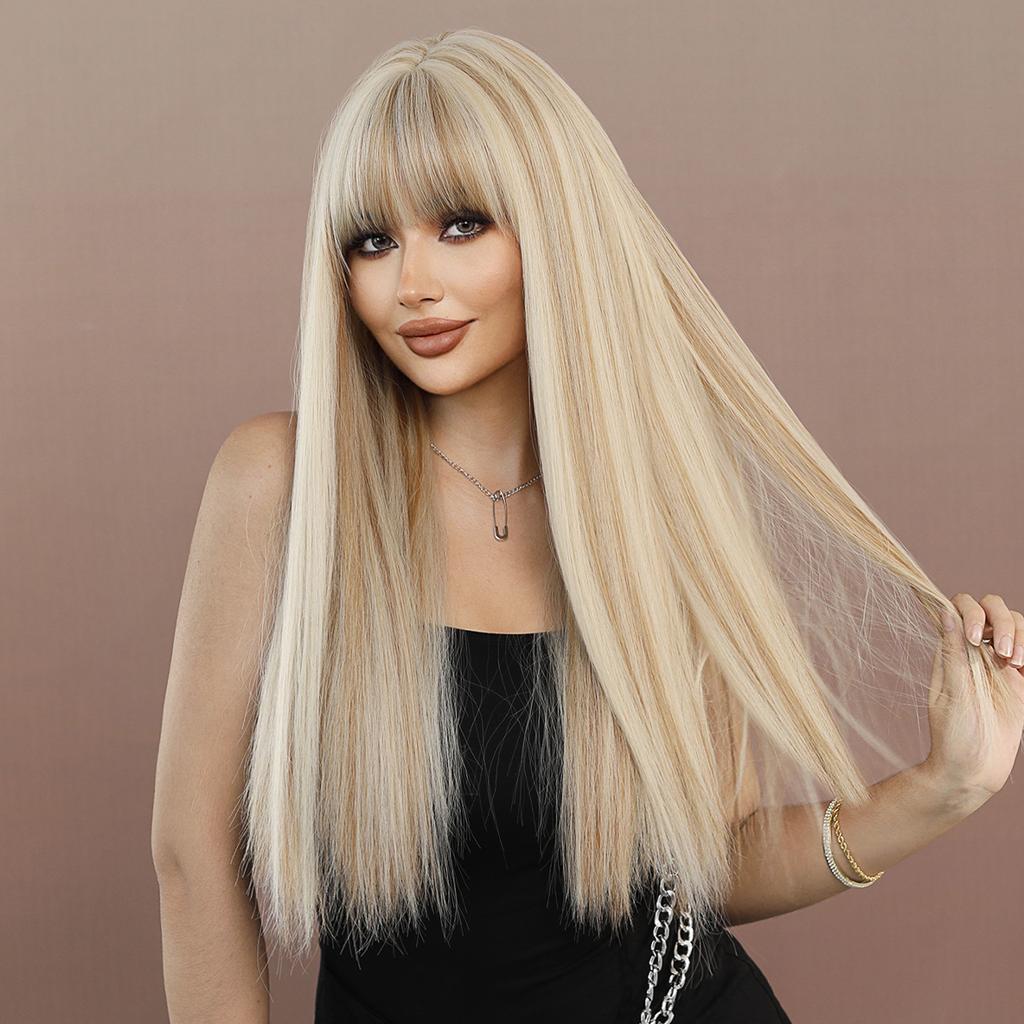 Long Straight Light Blonde Wig For Women Daily Party Highlight Brown Synthetic Layered Hair Wigs With Bangs Halloween Cosplay