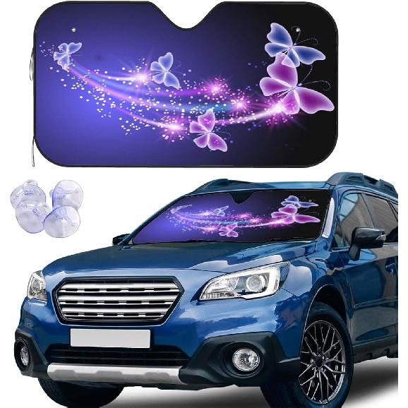 Purple Blue Butterfly Front Windshield Sun Shade Accordion Folding Auto Sunshade For Car Truck SUV-Blocks UV Rays Sun Visor Protector