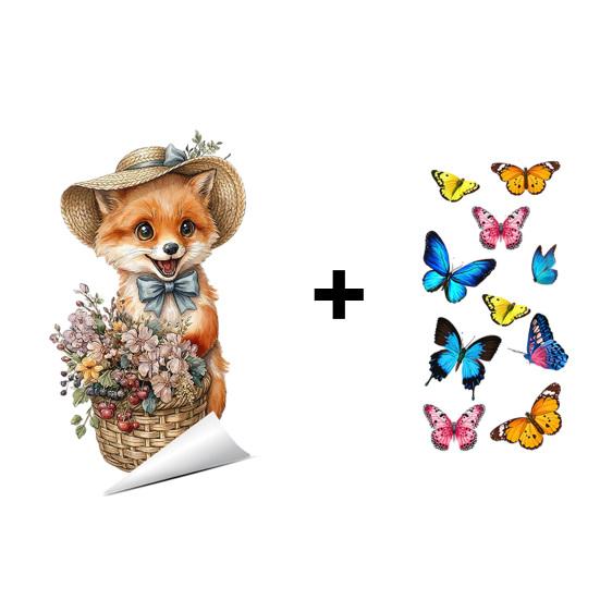 Pegatinas de Ventana Zorro de Primavera Zorro de Dibujos Animados Flores Mariposas Pegatina de Cristal Extraíble Animales Lindos Pegatinas de Ventana para Decoración de Hogar Oficina Tienda