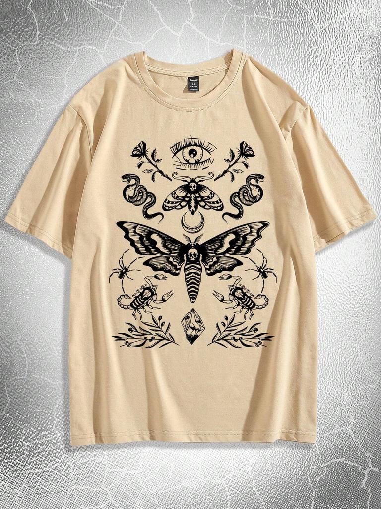 ROMWE Goth Men Cotton Moth & Snake Print Tee