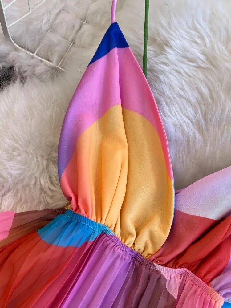 Summer Print Holiday Rainbow Candy Sling Sundresses Women's Spaghetti Strap V Neck Backless Chiffon Beach Vacation Pleated Robe