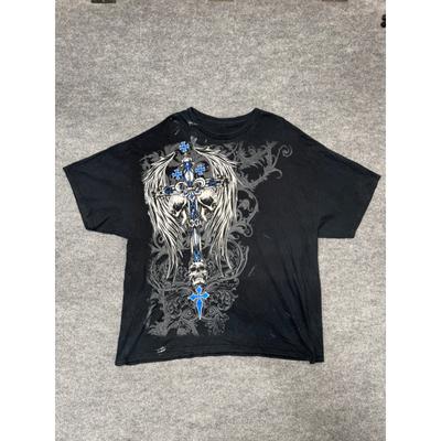 Black Gothic Cross Skull Wings Graphic 100% Cotton T-shirt Mens Tees Top Mens 2XL Streetwear Biker