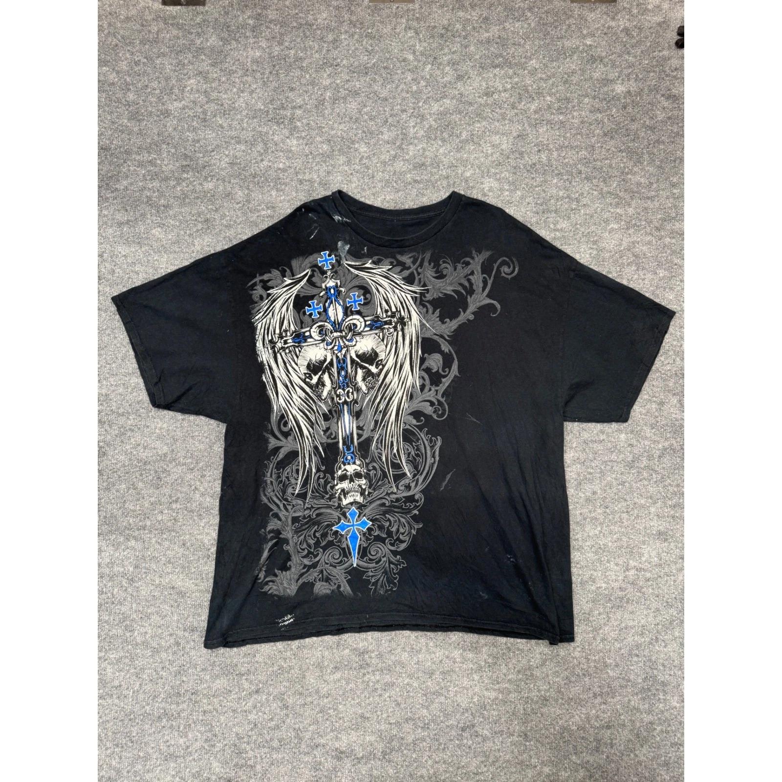 Black Gothic Cross Skull Wings Graphic T Shirt Mens 2XL Streetwear Biker 2XL