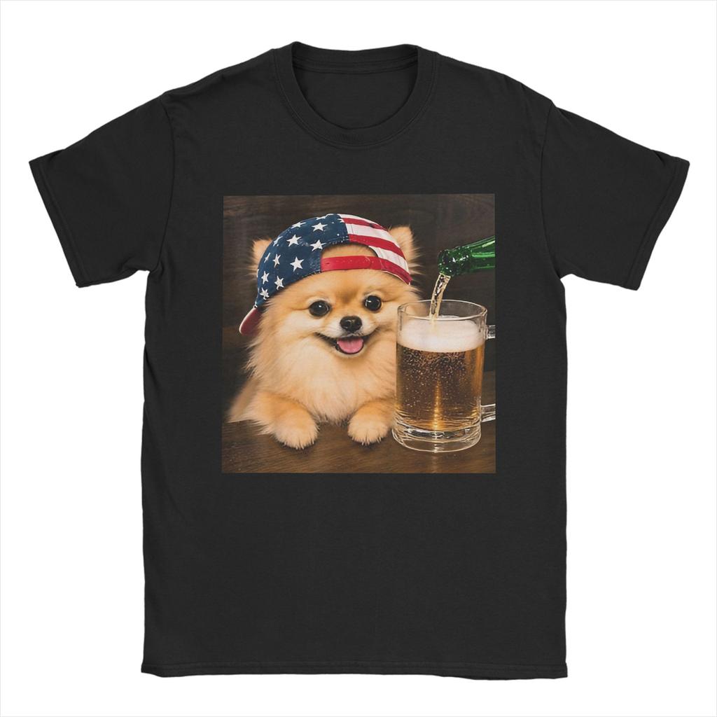 Unisex Unisex T-Shirt Lustiger Patriotischer Zwergspitz Hund Trinkt Bier Amerikanische Reine Baumwolle T-Shirts Rundhals Kleidung Große Größen