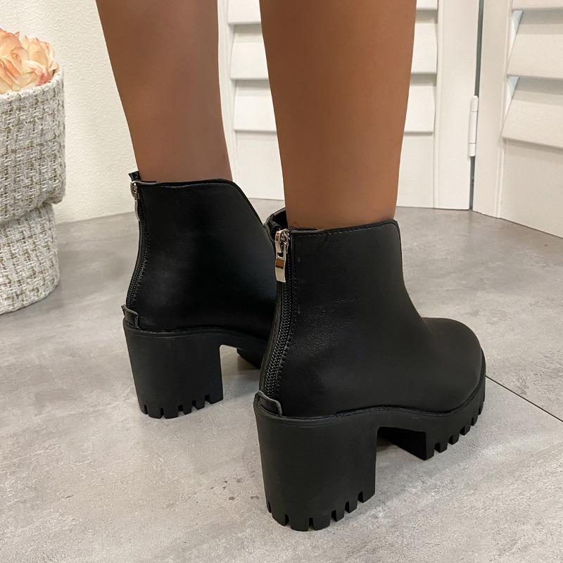 Platform Block Heel Short Thigh Boots Women'S Fashion Round Toe Rear Zipper Waterproof Non-Slip High Heels