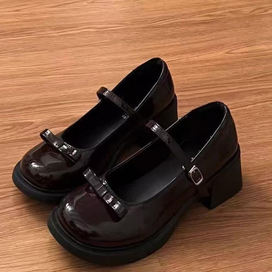 Französische Retro-High-Heel-Mary-Jane-Schuhe 22 Temperament elegant Herbst Schleife Runde Spitze Britischer Stil Kleine Lederschuhe