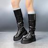 Studded Block Heel Cotton Boots Autumn New Round Toe Metal Belt Buckle Platform Anti-Slip Wear-Resistant Mid-Tube Boots